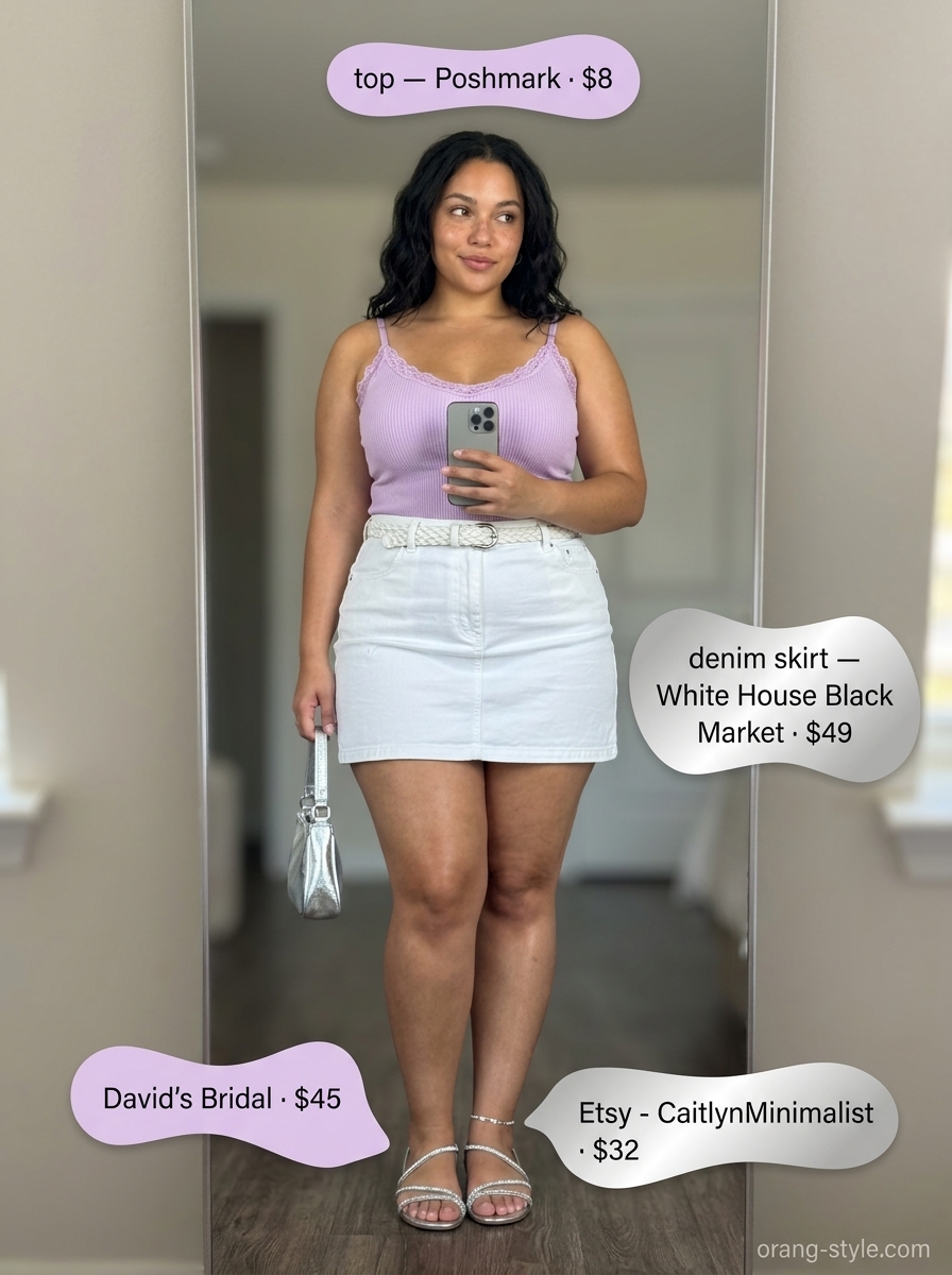 Midsize denim outfits summer for women 2026: White denim mini skirt with lavender camisole, lilac bag, and silver anklet for a fresh look.