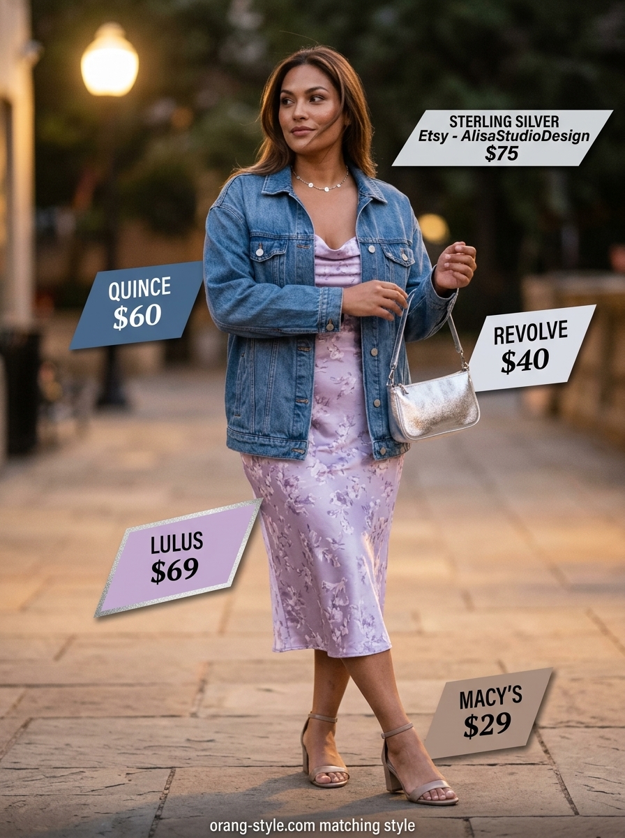 Midsize denim outfits summer for women 2026: Oversized denim jacket, lavender slip dress, silver sandals for evening.