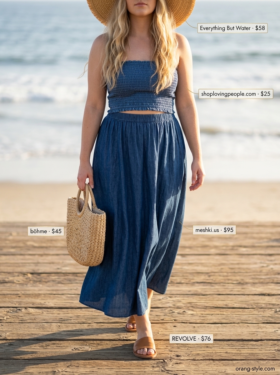 Midsize denim outfits summer for women 2026: Indigo denim maxi skirt, coral tube top, straw hat for boho beachside.