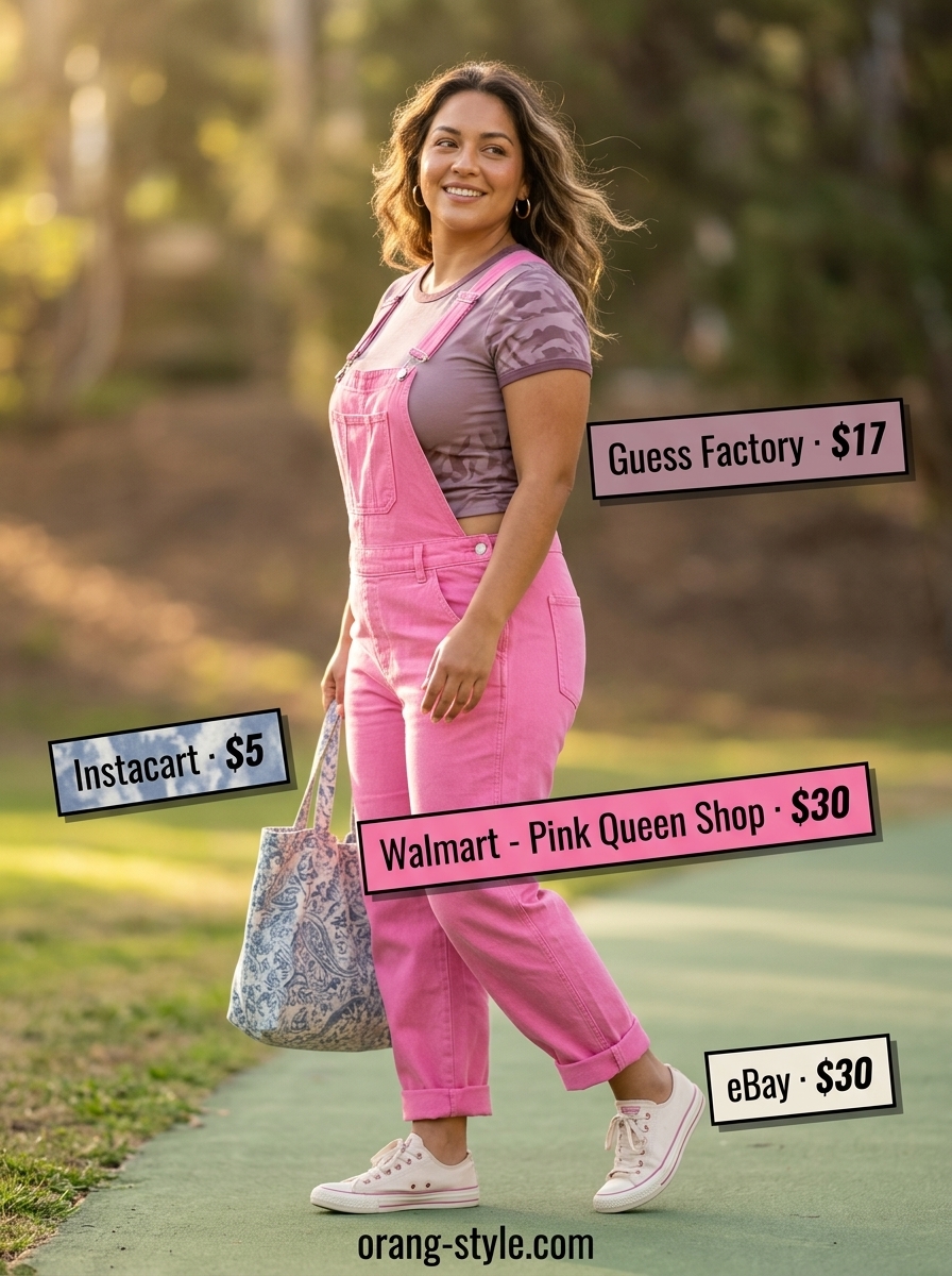 Midsize denim outfits summer for women 2026: Blue denim shortalls, pink ringer tee, canvas tote for a playful park day.