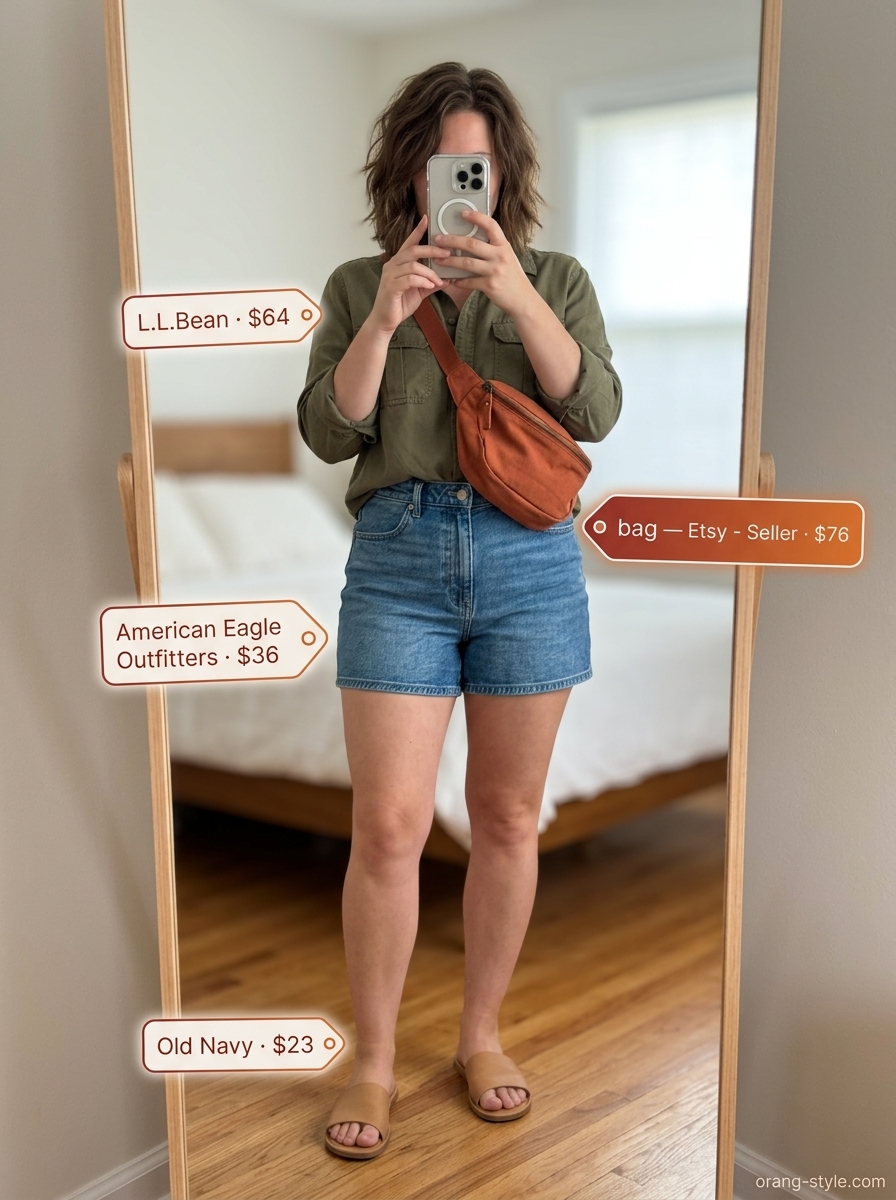 Midsize denim outfits summer for women 2026: Relaxed denim shorts, olive utility shirt, canvas belt bag for adventure.