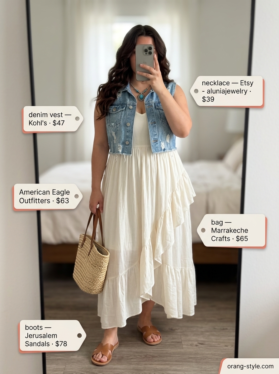 Midsize denim outfits summer for women 2026: Distressed denim vest, ivory maxi dress, turquoise necklace for boho style.