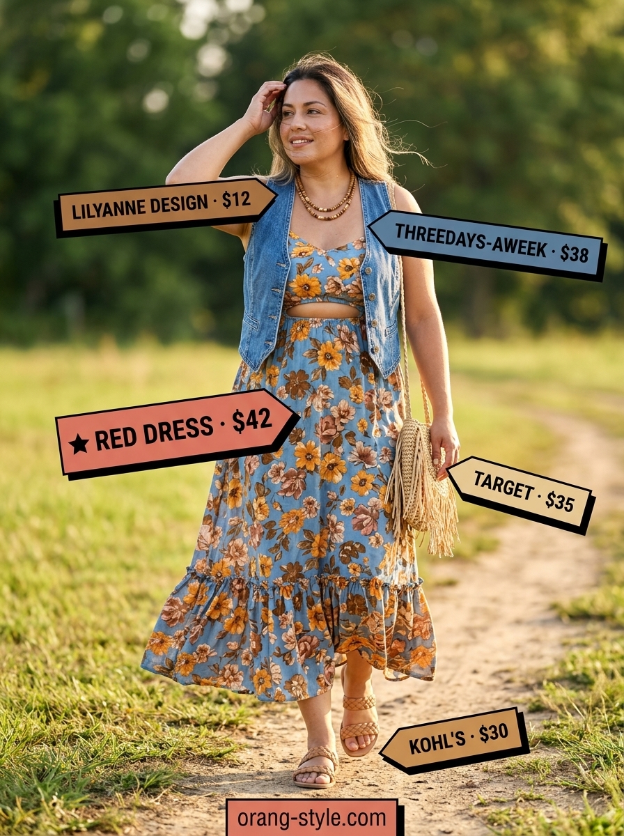 Midsize denim outfits summer for women 2026: Floral maxi dress, faded denim vest, straw bag for festival style.