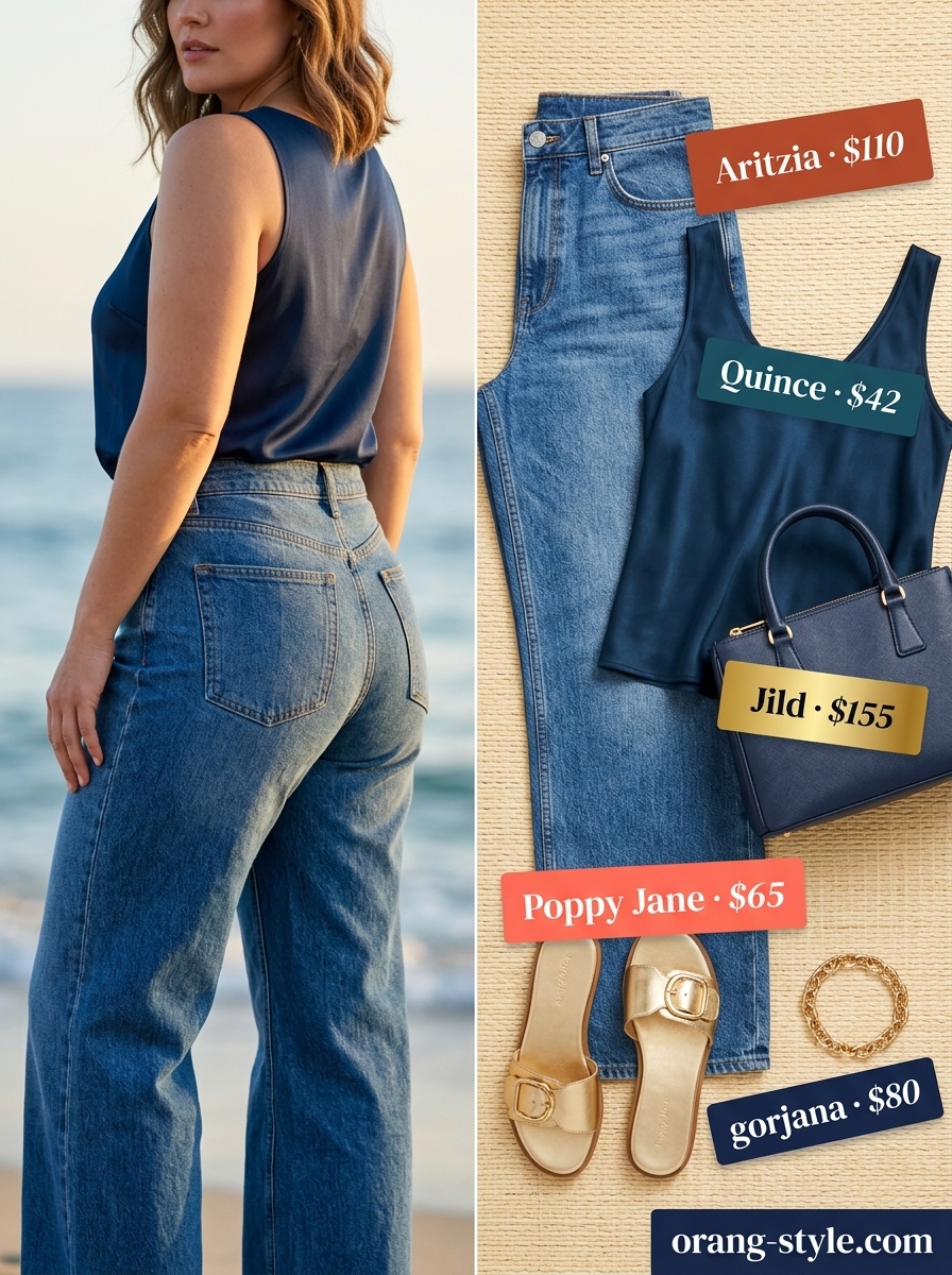 Midsize denim outfits summer for women 2026: Wide-leg white denim jeans, navy silk top, gold sandals & tote for resort evening.