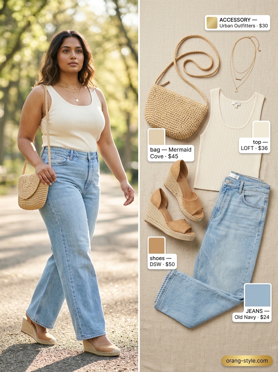 Midsize denim outfits summer for women 2026: Wide-leg light wash jeans, cream knit top, straw bag for coastal weekend.