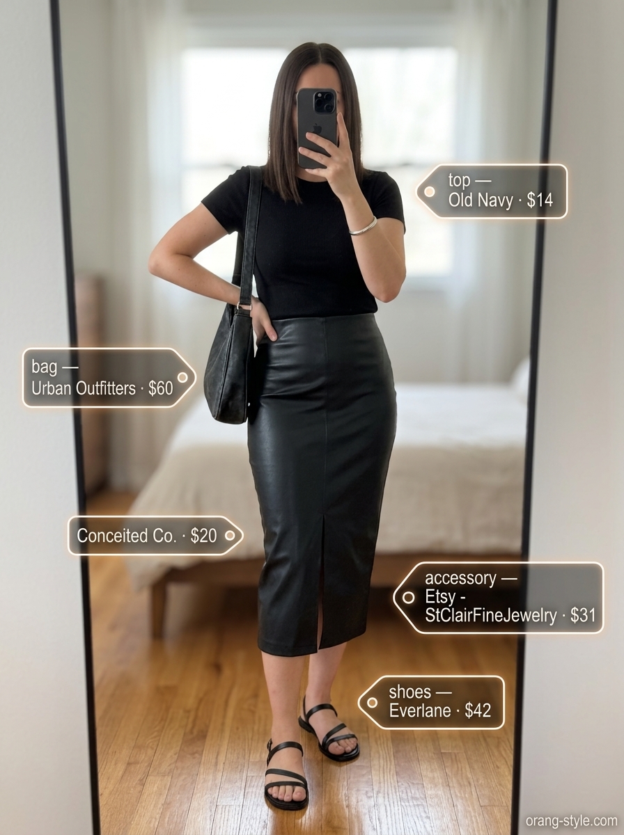 Minimal every day summer outfits for women 2026: Black midi skirt, white t-shirt, black sandals, silver bracelet.