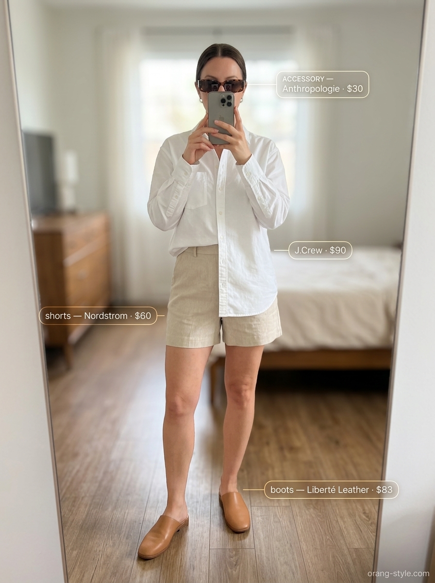 Minimal every day summer outfits for women 2026: Beige linen shorts, white oversized shirt, tortoise sunglasses, crossbody bag.