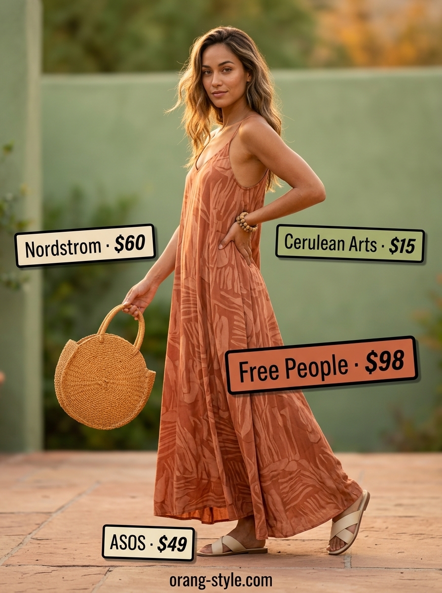 Minimal every day summer outfits for women 2026: Terracotta maxi dress, straw tote, espadrilles, wood bracelets.