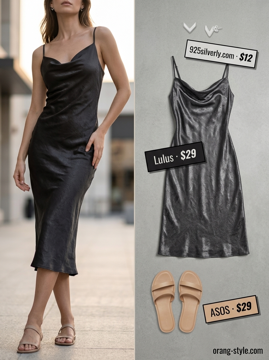 Minimal every day summer outfits for women 2026: Soft black slip dress, tan bag, silver studs & black flat sandals.