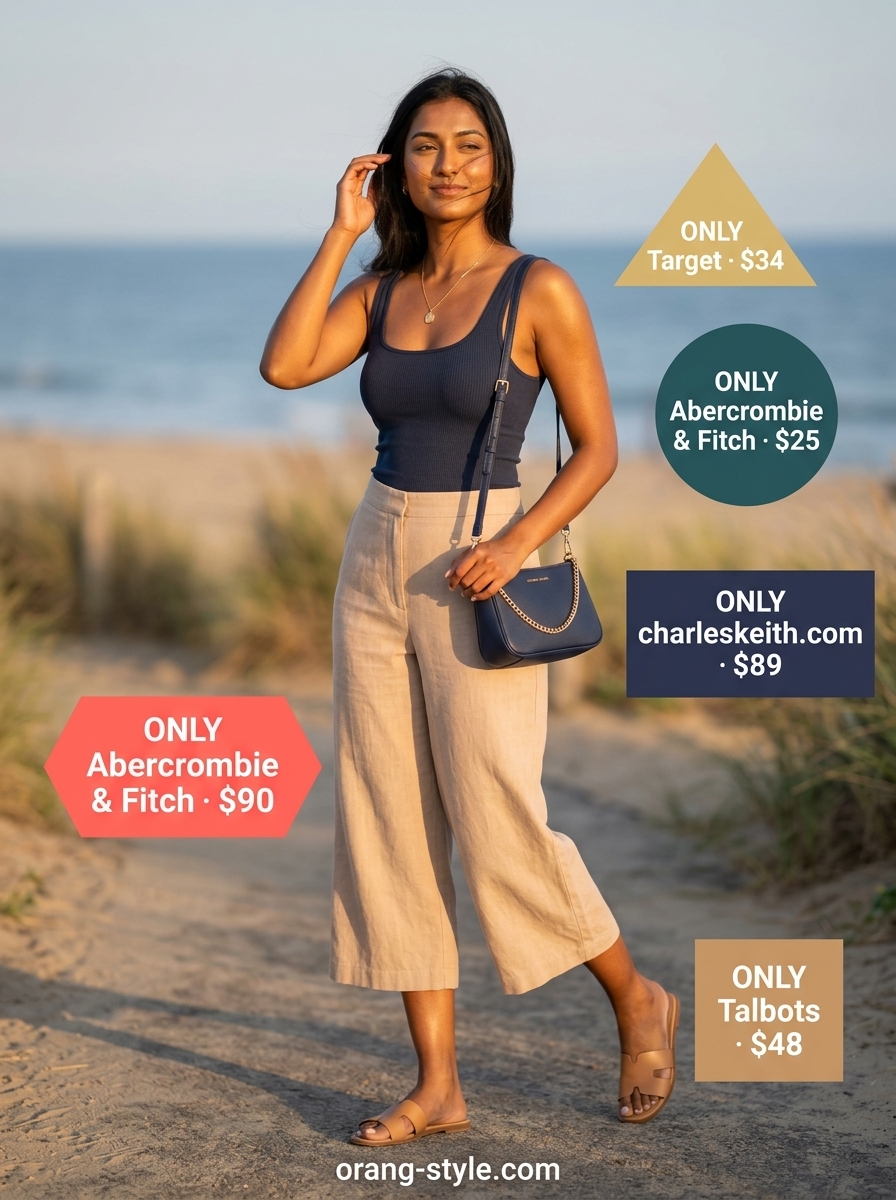 Minimal every day summer outfits for women 2026: Beige linen pants, navy tank, cream shoulder bag, gold necklace.