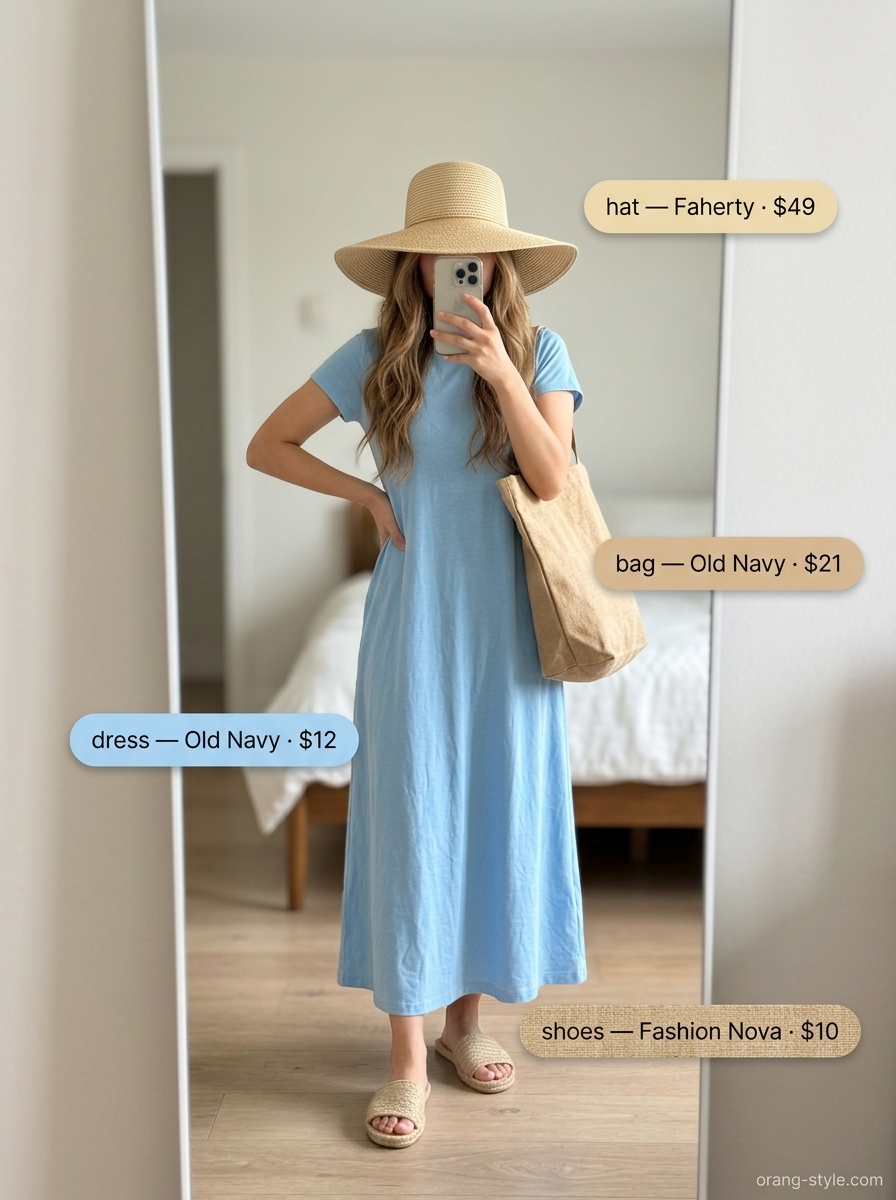Minimal every day summer outfits for women 2026: Sky blue maxi dress, straw hat, canvas tote, espadrilles & simple studs.