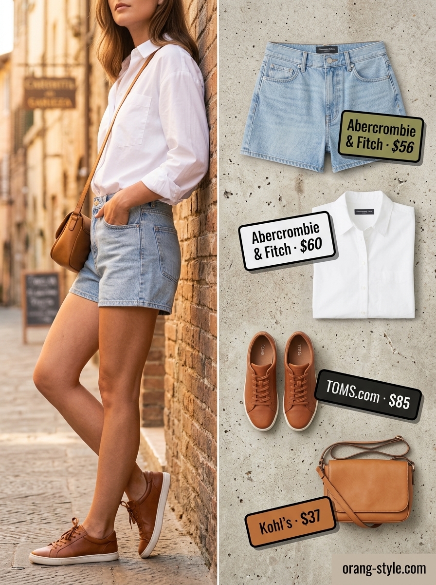 Minimal every day summer outfits for women 2026: Denim shorts, white shirt, white sneakers, cognac crossbody.