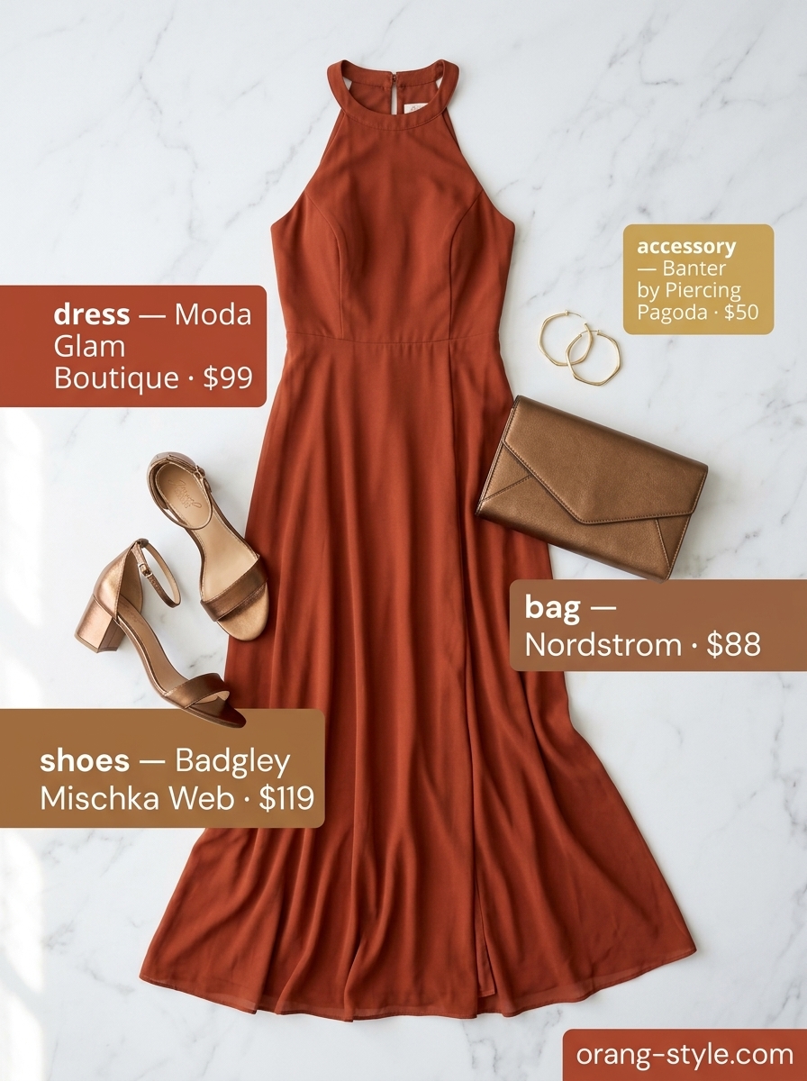 Minimal every day summer outfits for women 2026: Terracotta maxi dress, bronze sandals, gold hoops & clutch.