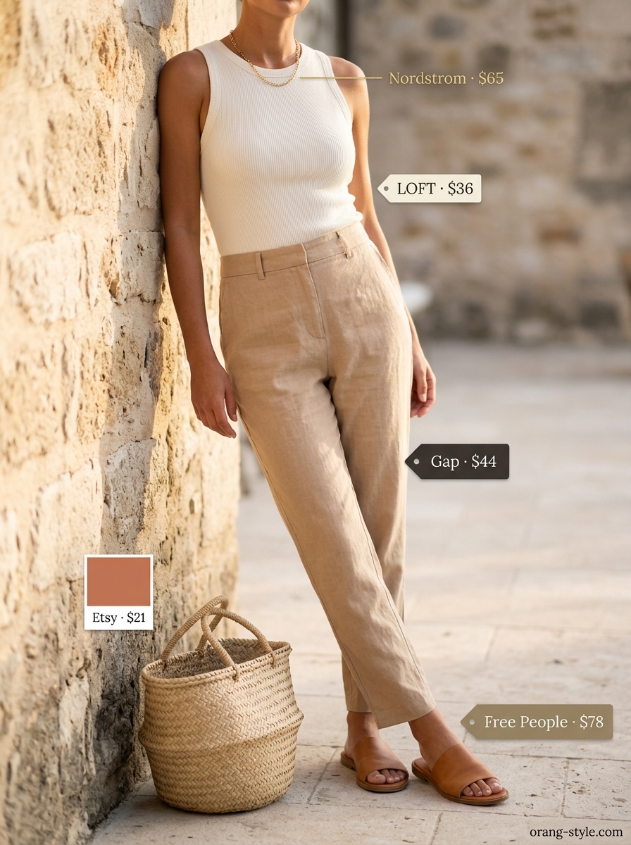 Minimal every day summer outfits for women 2026: Cream wide-leg pants, beige tank, tan sandals, raffia bag & gold necklace.