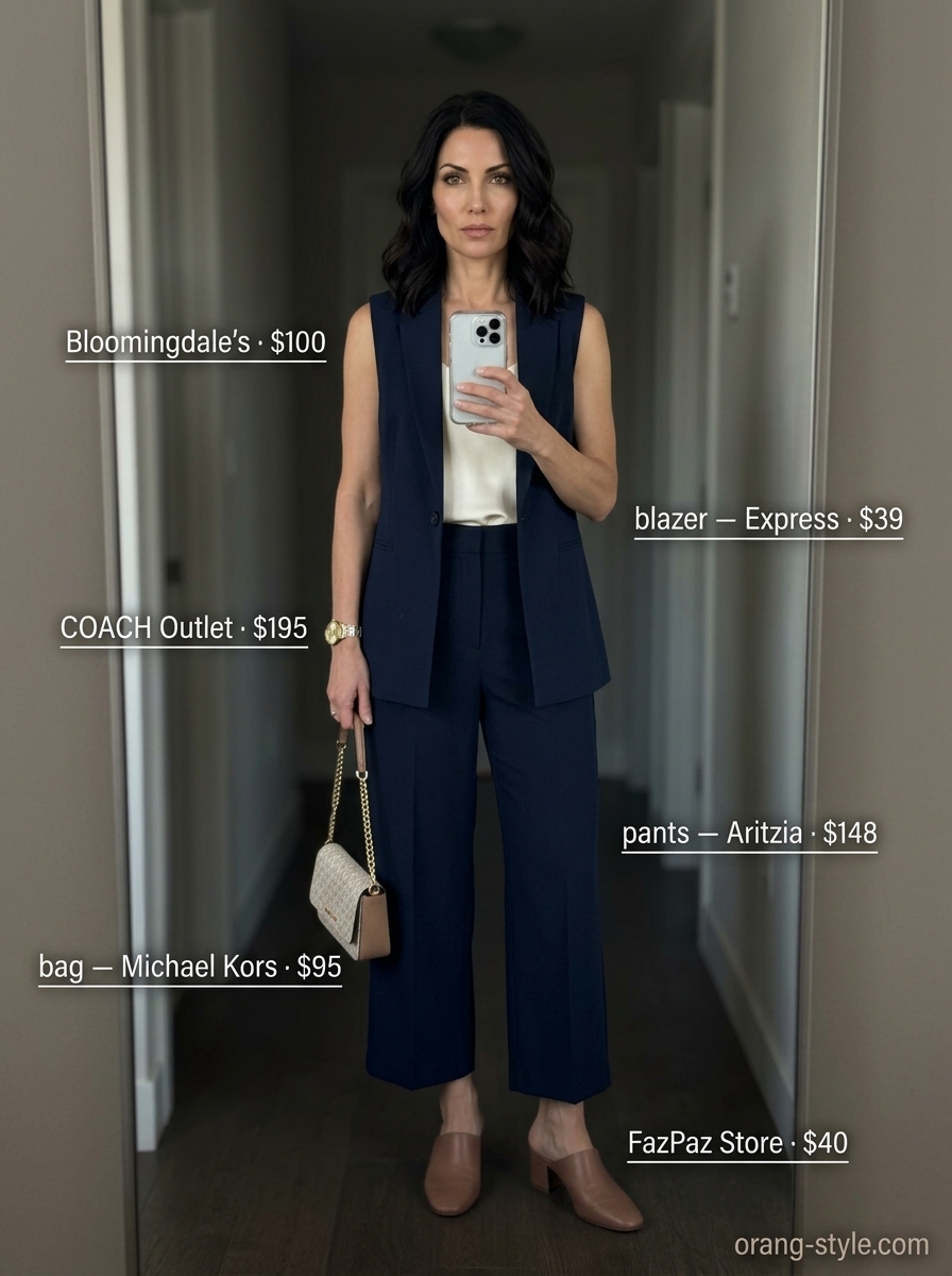 Minimal every day summer outfits for women 2026: Navy blazer, cream trousers, silk cami, leather mules & satchel.