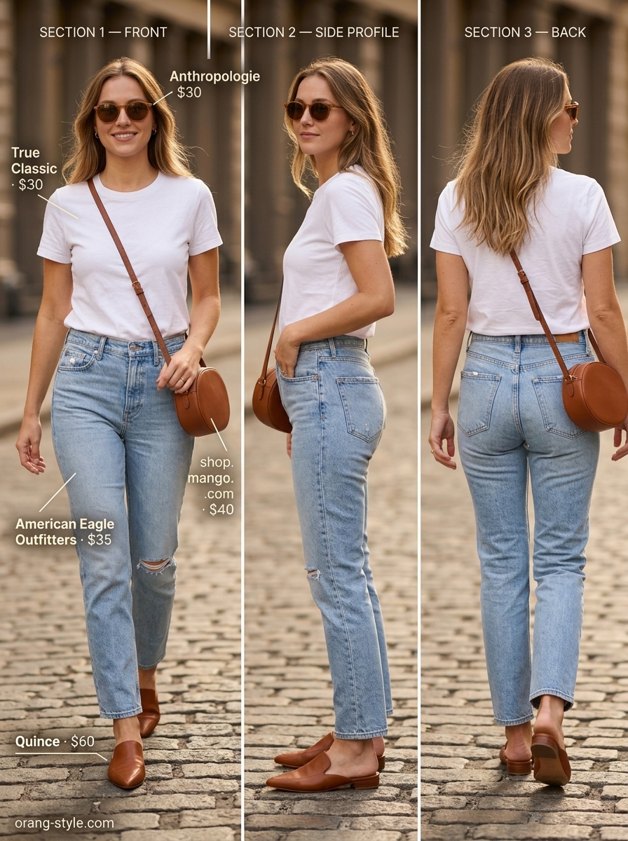 Light wash jeans and white tee for minimal every day summer outfits for women 2026. Cool and grounded.