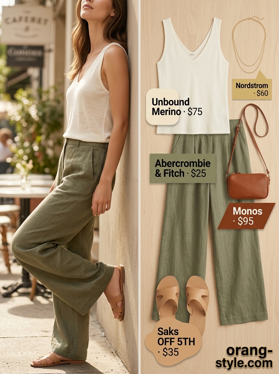 Minimal every day summer outfits for women 2026: Ivory linen pants, olive tank, cream bag, cognac sandals.
