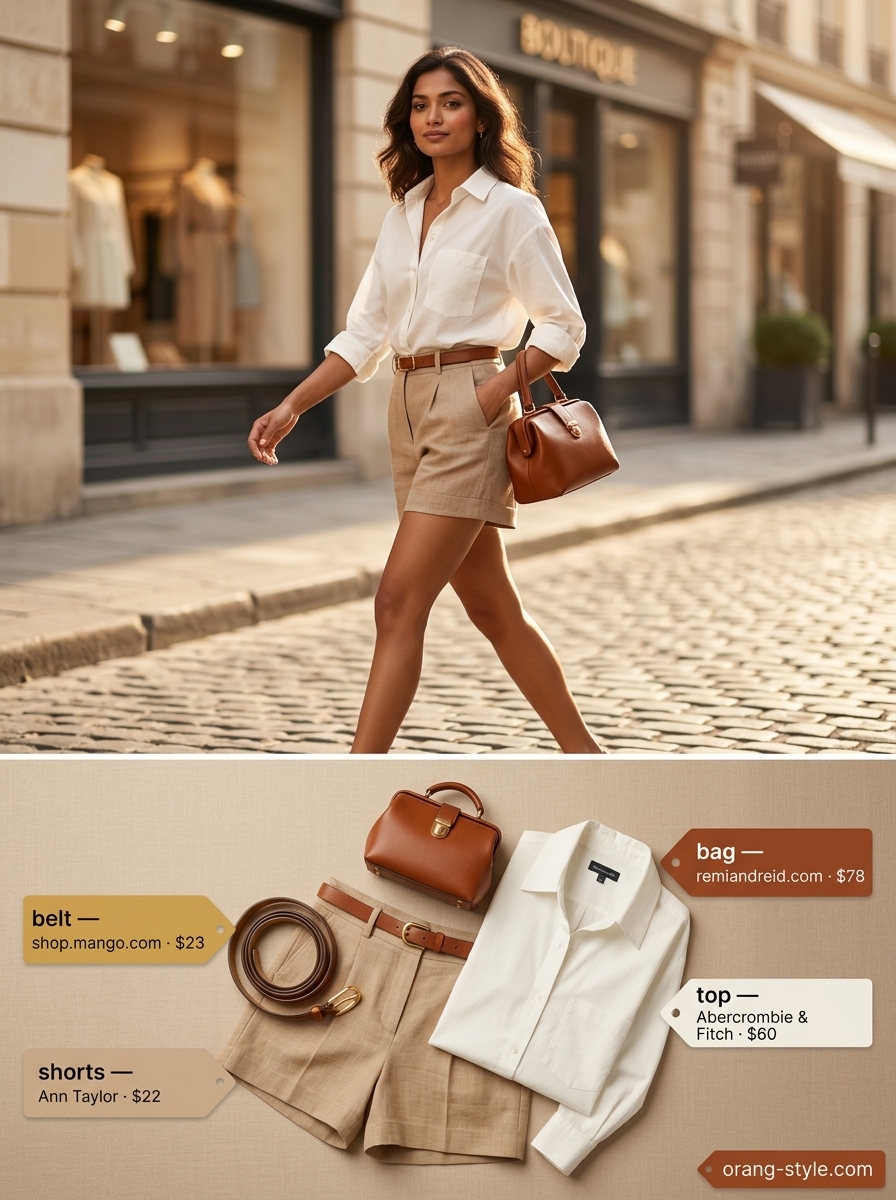 Navy shorts and white shirt for minimal every day summer outfits for women 2026. Polished and crisp.