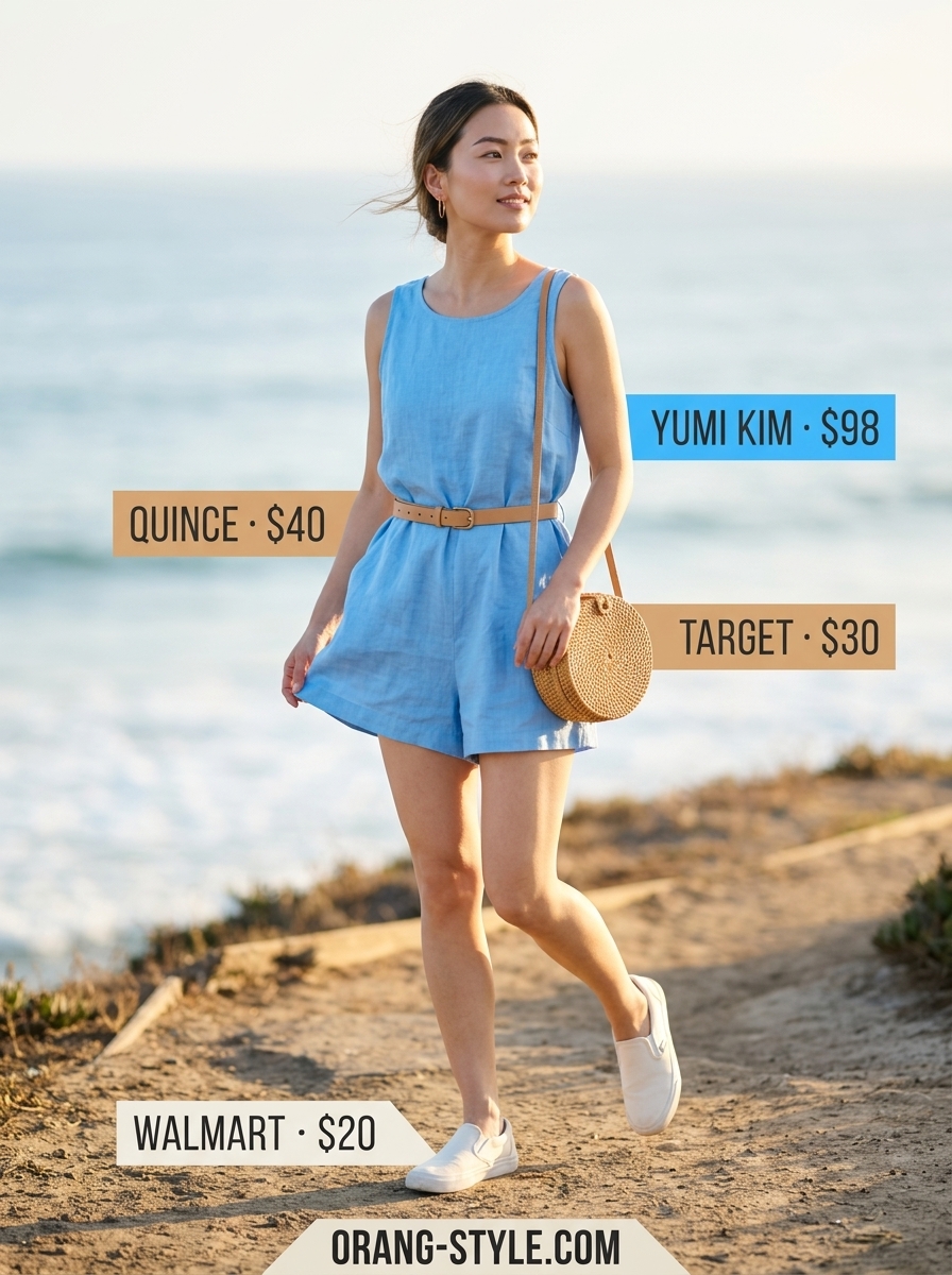 Minimal every day summer outfits for women 2026: Sky blue romper, tan belt, straw bag & white sneakers.