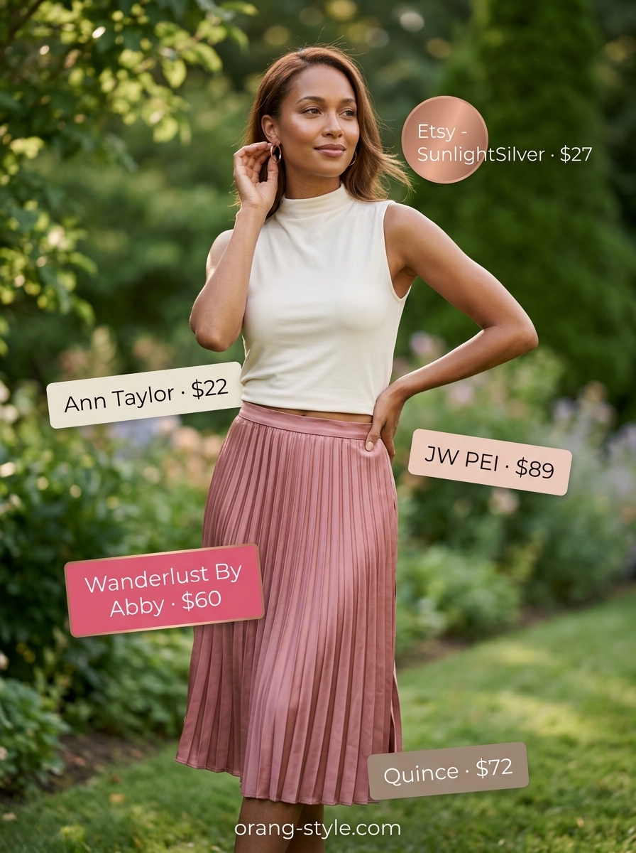 Minimal every day summer outfits for women 2026: Dusty rose midi skirt, cream knit top, rose gold earrings, blush bag.