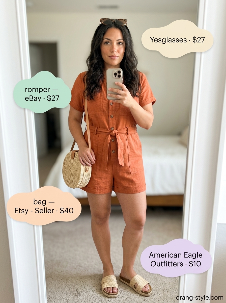 Terracotta romper with espadrille slides for minimal every day summer outfits for women 2026. Youthful and vibrant.