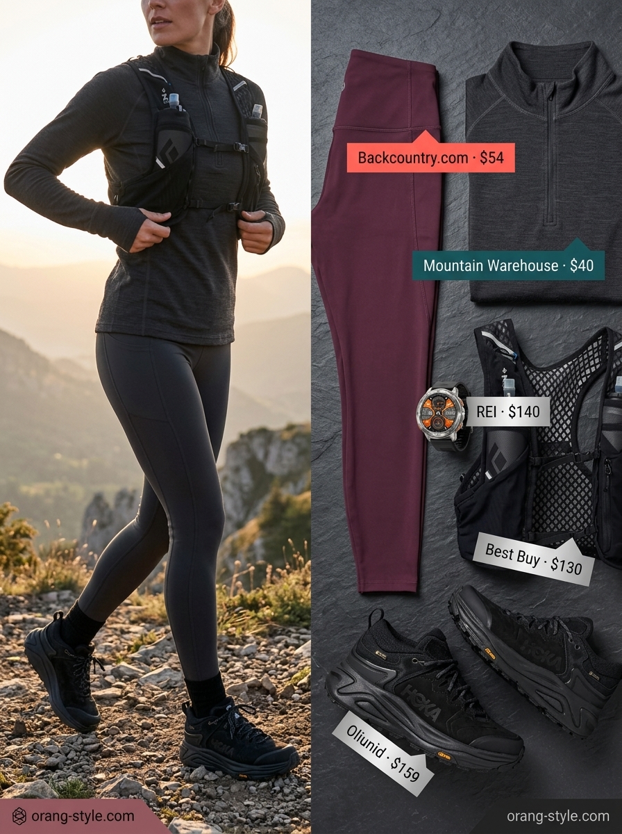 Deep berry compression leggings are key for outdoor hiking outfits summer for women 2026. Paired with charcoal quarter-zip top.