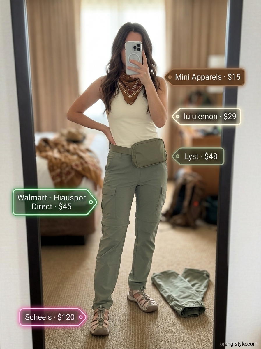 Sage green convertible pants are versatile for outdoor hiking outfits summer for women 2026. Styled with cream tank & tan sandals.