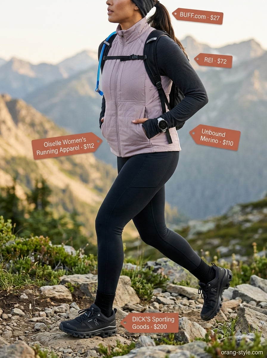 Dusty rose vest over grey base layer for outdoor hiking outfits summer for women 2026. Includes black pants & shoes.
