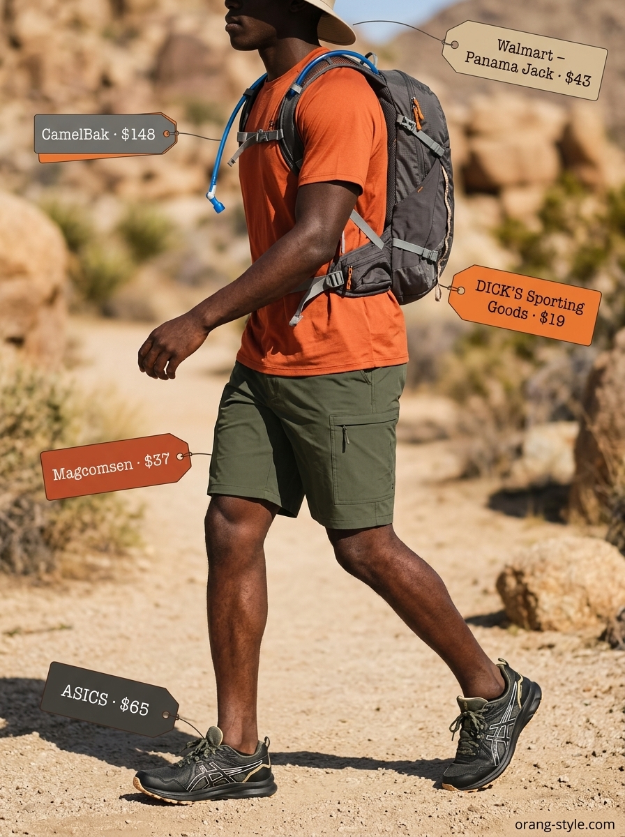 Olive green shorts are practical for outdoor hiking outfits summer for women 2026. Paired with rust orange tee & khaki hat.