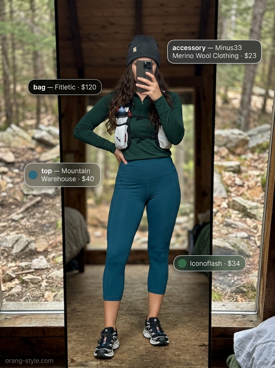 Outdoor hiking outfits summer for women 2026: Teal leggings, forest green top, black shoes for cool hikes.