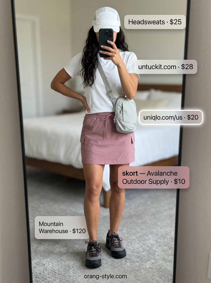 Dusty rose skort is a key piece for outdoor hiking outfits summer for women 2026. Paired with white tee & stone grey shoes.