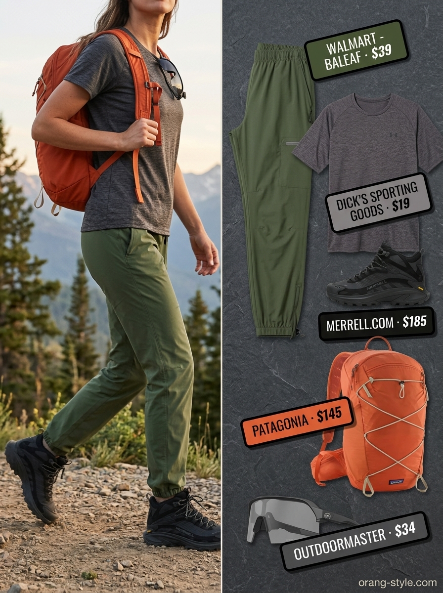 Olive green pants are the hero for outdoor hiking outfits summer for women 2026. Paired with charcoal tee & burnt orange pack.
