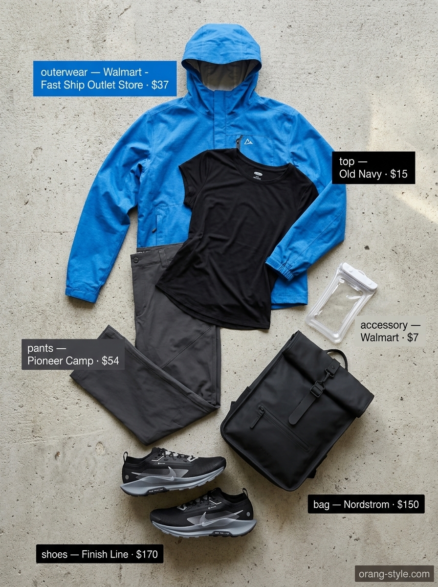 Cobalt blue shell jacket is essential for outdoor hiking outfits summer for women 2026. Styled with black pants & grey shoes.