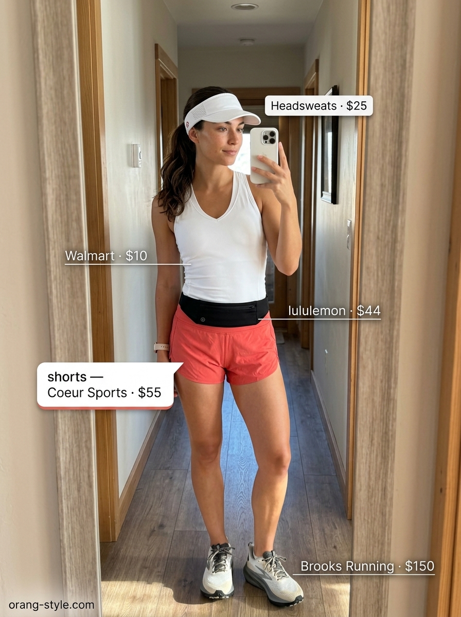 Outdoor hiking outfits summer for women 2026: Coral shorts, white tank, sand shoes for trail running.