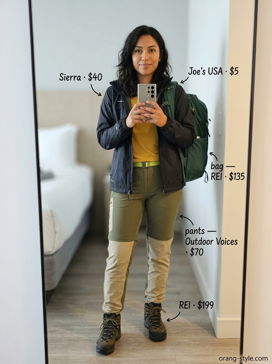 Outdoor hiking outfits summer for women 2026: Khaki zip-off pants, green boots, yellow tee for treks.