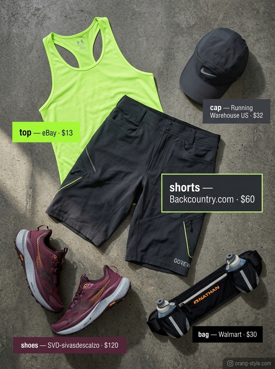 Outdoor hiking outfits summer for women 2026: Neon green tank, black shorts, purple shoes for trail running.