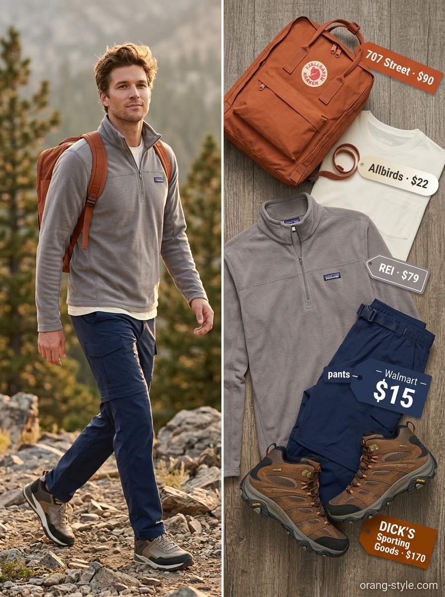 Outdoor hiking outfits summer for women 2026: Brown boots, gray fleece, navy convertible pants for treks.