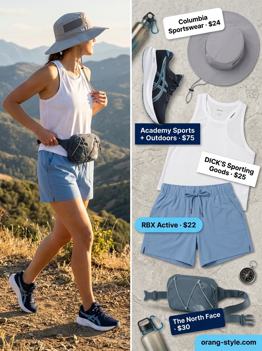 Sky blue shorts are a great choice for outdoor hiking outfits summer for women 2026. Paired with white tank & light grey fanny pack.