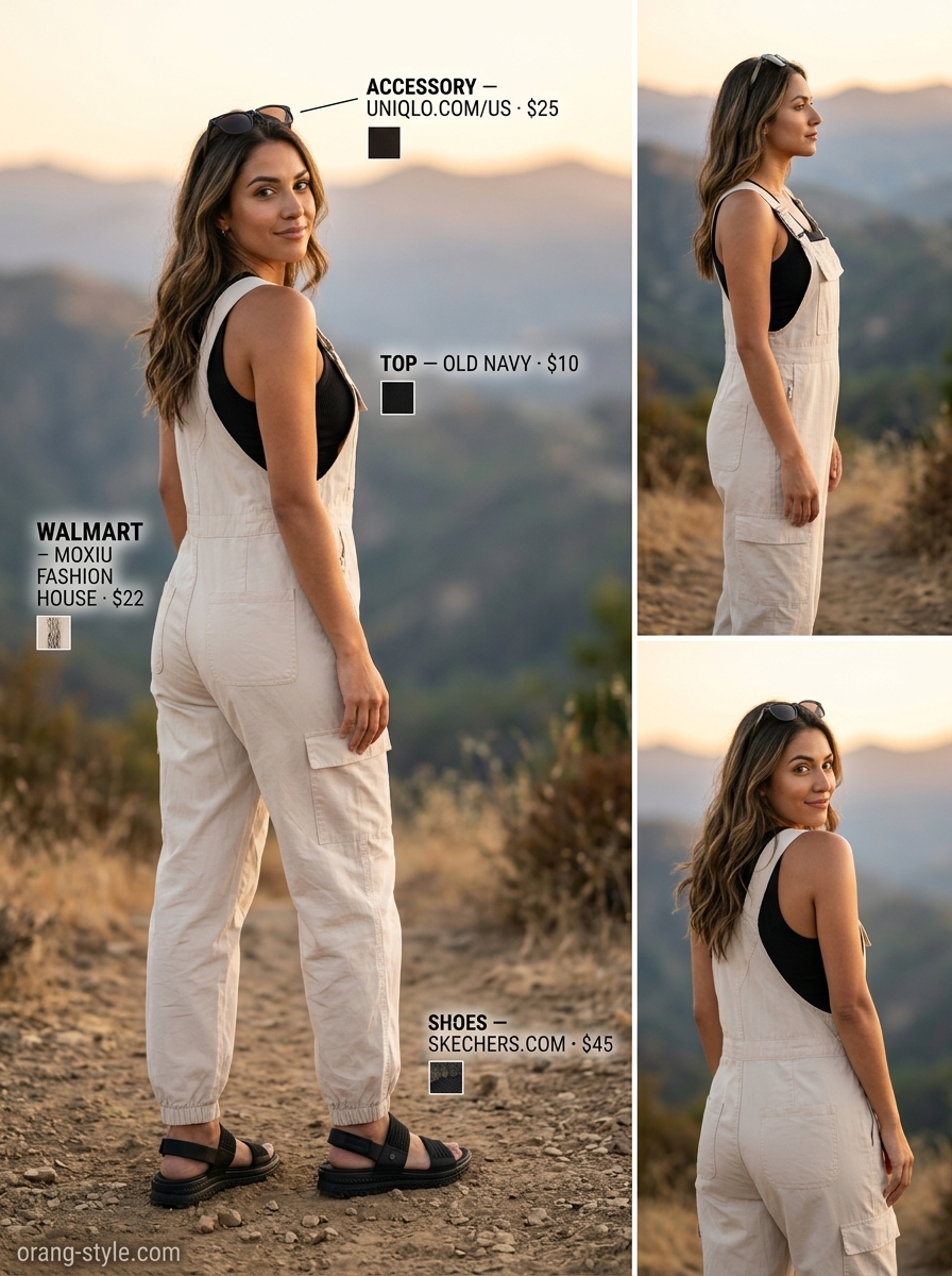 Stone beige utility jumpsuit is a chic choice for outdoor hiking outfits summer for women 2026. Styled with yellow belt bag.