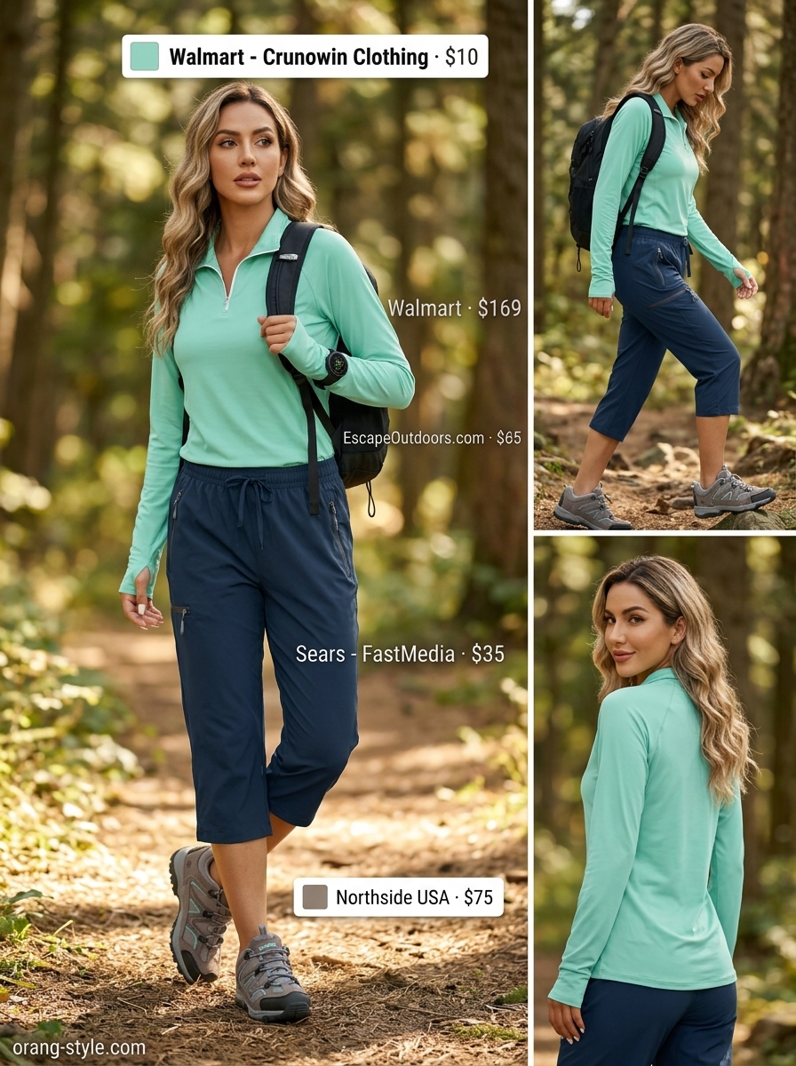 Outdoor hiking outfits summer for women 2026: Navy capris, mint top, gray shoes for humid hikes.