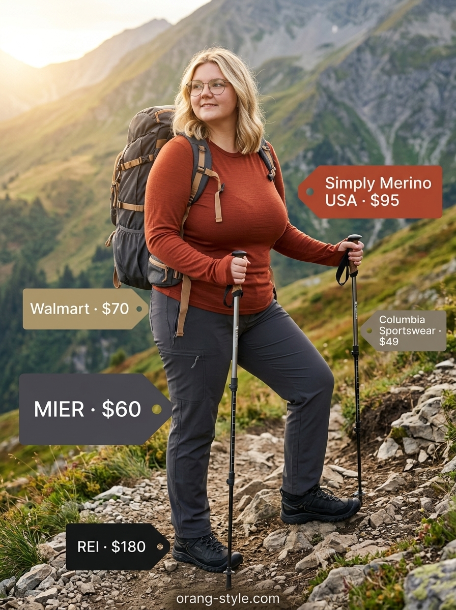 Outdoor hiking outfits summer for women 2026: Charcoal grey cargo pants, burnt orange base layer, and black hiking boots for backpacking.