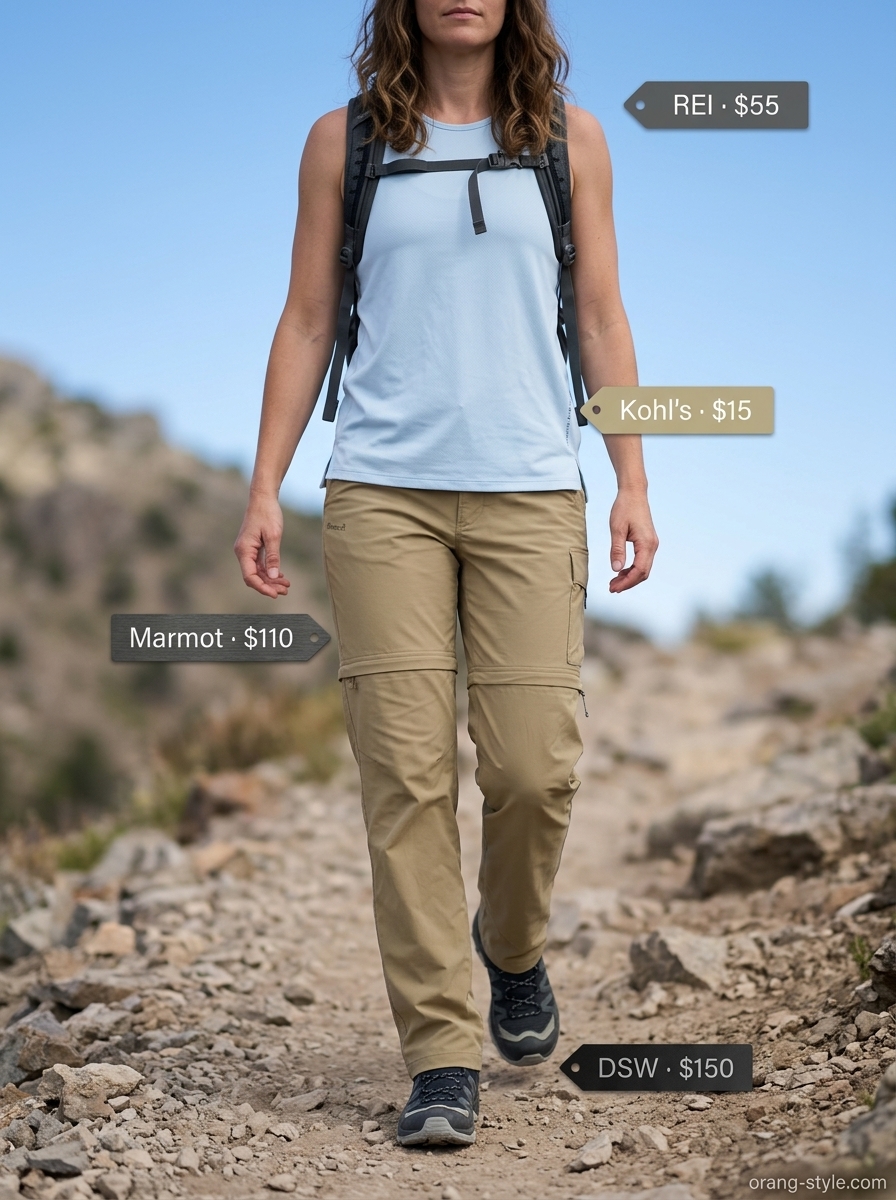 Outdoor hiking outfits summer for women 2026: Khaki convertible pants, sky blue tank, and grey hiking shoes for canyon treks.