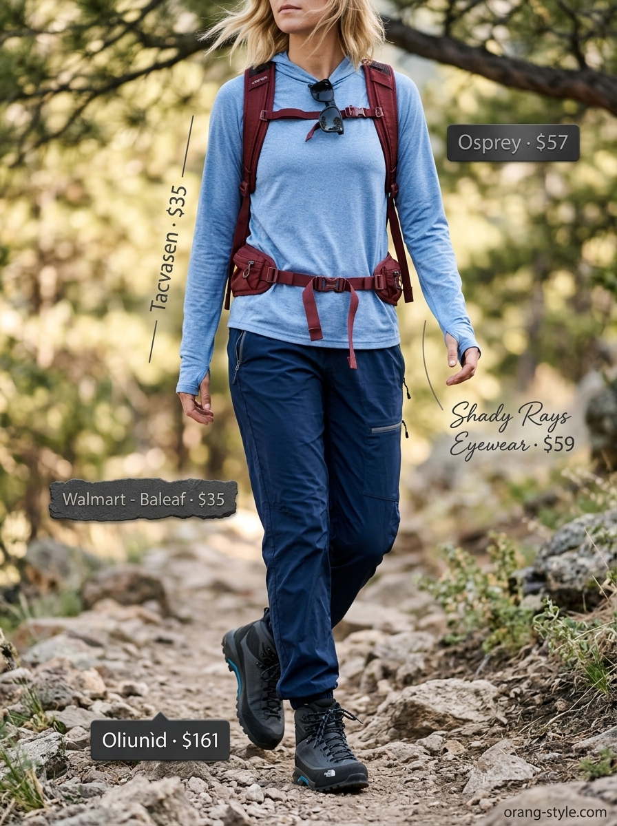 Outdoor hiking outfits summer for women 2026: Deep navy hiking pants, sky blue sun hoodie, and grey waterproof boots for forest treks.