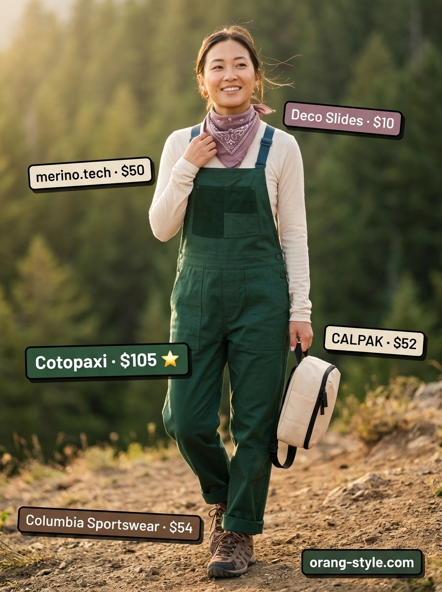 Outdoor hiking outfits summer for women 2026: Sand hiking overalls, forest green base layer, and brown approach shoes for casual walks.