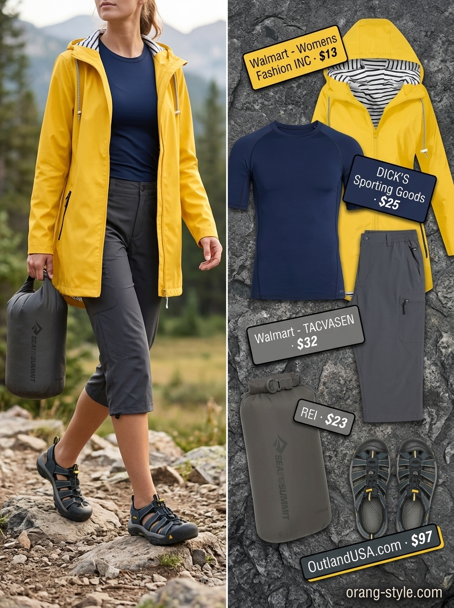 Outdoor hiking outfits summer for women 2026: Bright yellow rain jacket, dark grey capris, and navy sandals for variable weather.