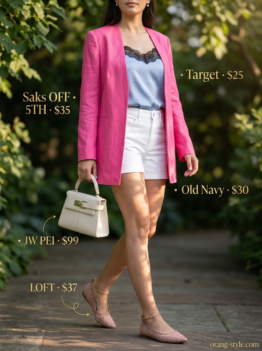 Pastel Picnic Denim Shorts Outfit 2026 White denim shorts outfit for women 2026: baby blue cami, blush blazer, pink flats, silver pearl earrings.