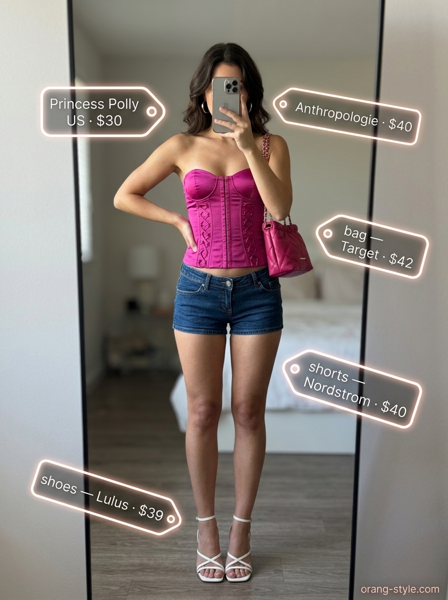 Poolside Glamour Denim Shorts Outfit 2026 Light blue micro denim shorts outfit for women 2026: fuchsia corset top, white sandals, gold hoops.