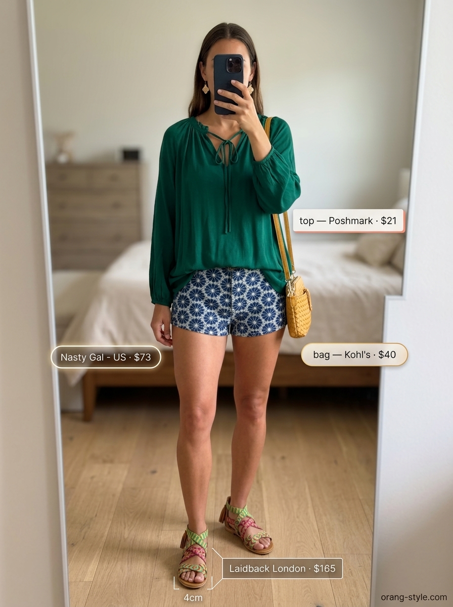 Eclectic Art Walk Denim Shorts Outfit 2026 Dark wash denim shorts outfit for women 2026: emerald peasant top, embroidered sandals, mustard bag.