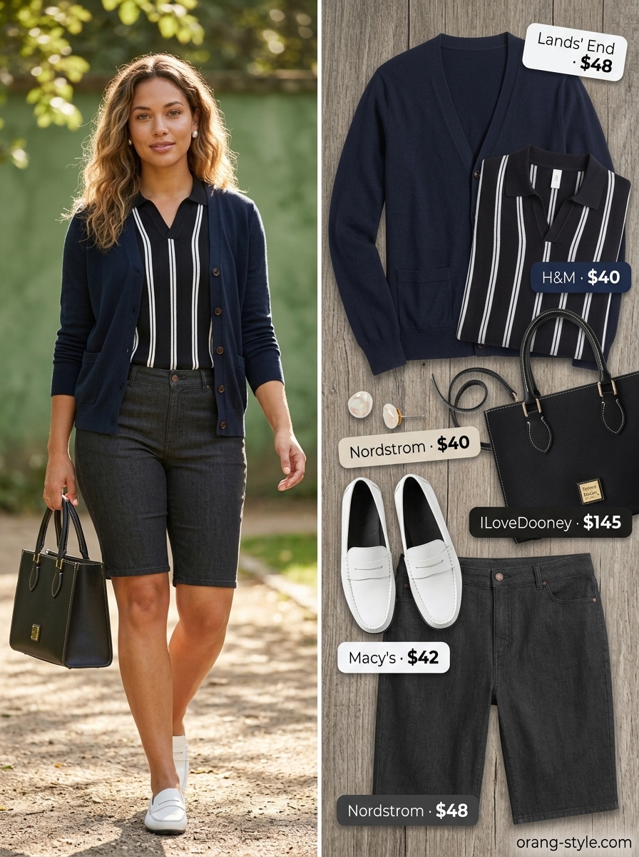 Preppy Summer Denim Shorts Outfit 2026 Black Bermuda denim shorts outfit for women 2026: striped polo, navy cardigan, penny loafers.