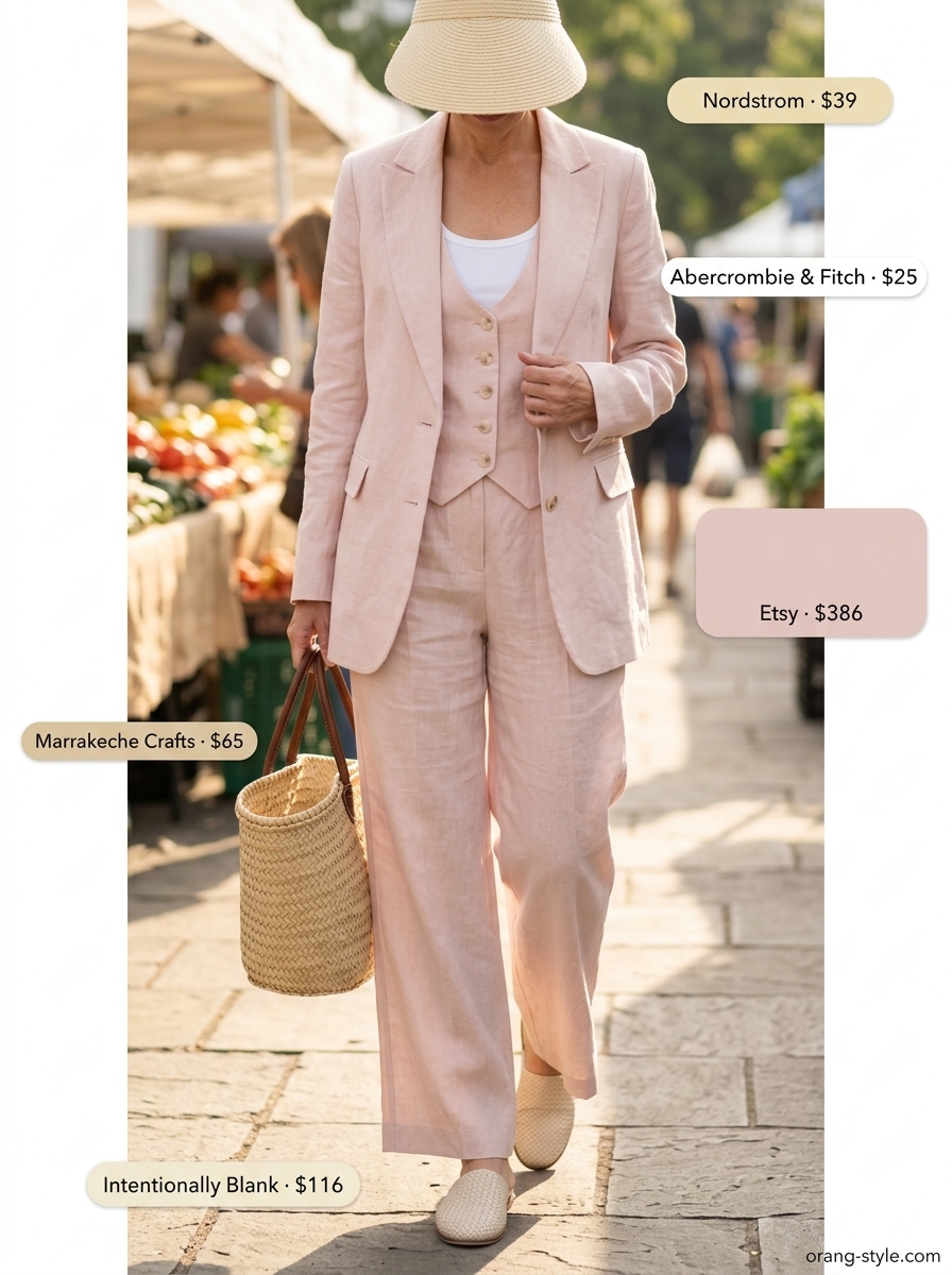 Chic summer outfit for women over 50 2026: Dusty rose linen set, white tank, straw visor for farmers market.